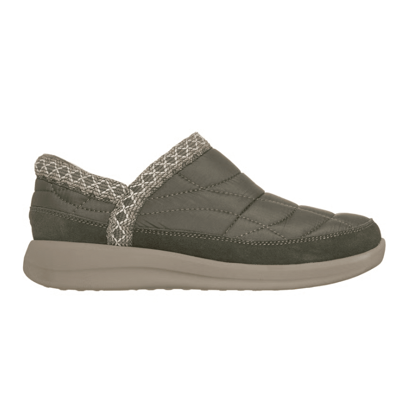 Olijfgroene Skechers vrijetijdsschoen voor dames, zijaanzicht, met gewatteerd bovenwerk en gebreide rand