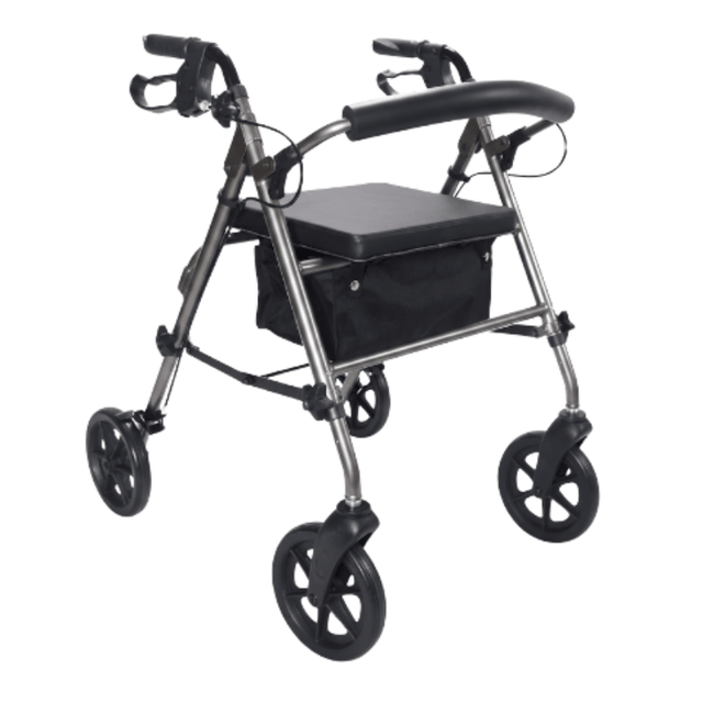 Grijze Ibis rollator schuin van voren gezien met gestoffeerde zitting, rugleuning en textielmand