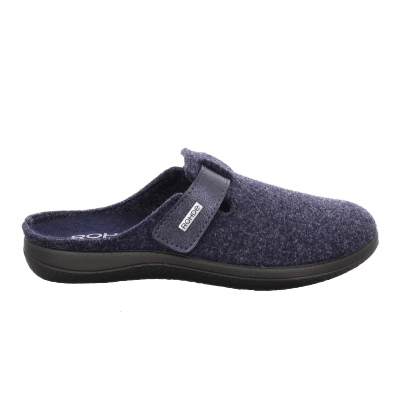 Chausson Rohde bleu en feutre pour femme, vue latérale, avec sangle velcro et logo