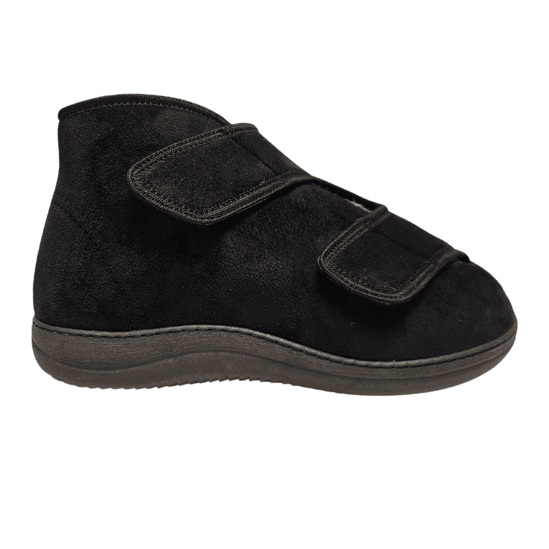 Chaussure de thérapie haute noire avec deux larges sangles velcro, vue latérale