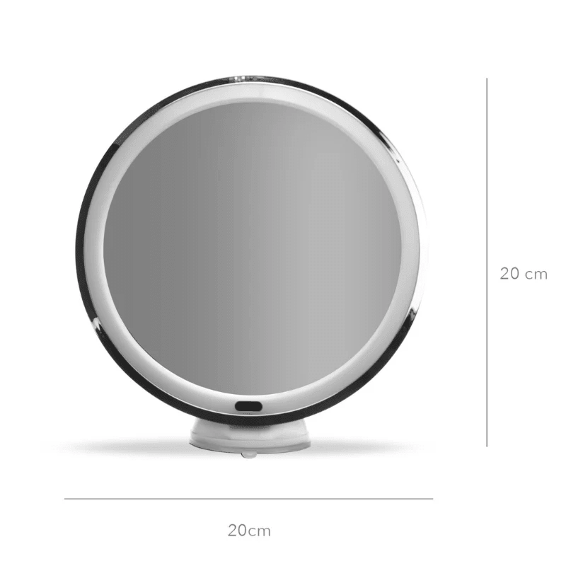 Miroir de maquillage avec lumière vu de face, clairement marqué d'un diamètre de 20 cm