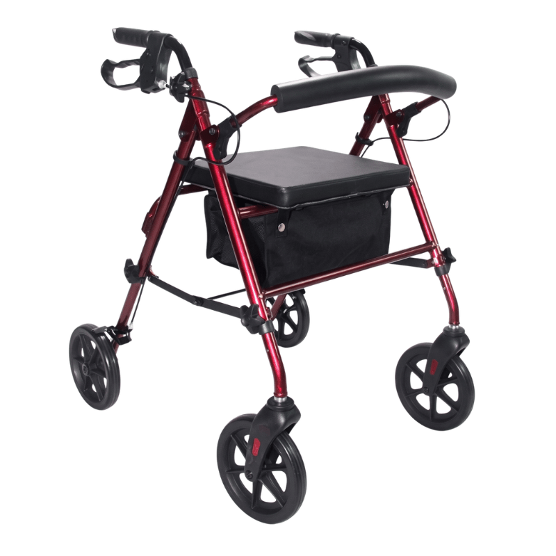 Déambulateur Ibis rouge vu de face avec siège rembourré noir, dossier et panier en tissu