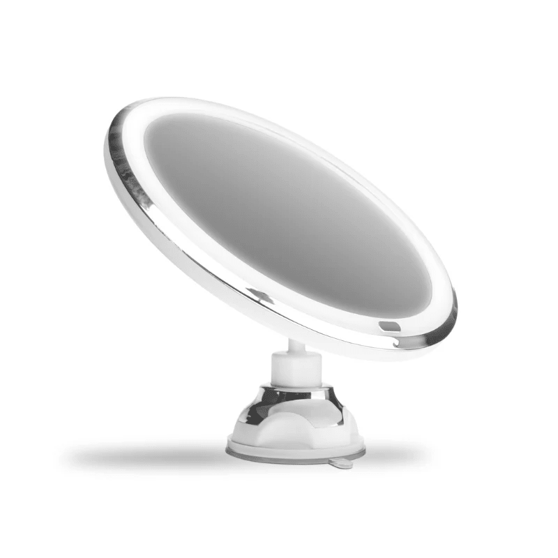 Miroir de maquillage rond Gillian Jones avec lumière et grossissement 10x, monté sur une base à ventouse blanche