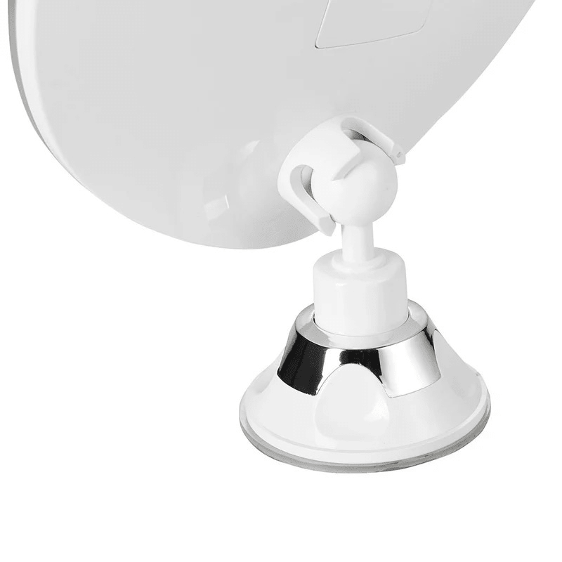 L'arrière du miroir de maquillage montre la rotule et la base à ventouse blanche pour un montage facile