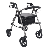Grijze Ibis rollator schuin van voren gezien met gestoffeerde zitting, rugleuning en textielmand