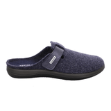 Chausson Rohde bleu en feutre pour femme, vue latérale, avec sangle velcro et logo