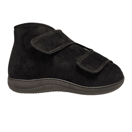 Chaussure de thérapie haute noire avec deux larges sangles velcro, vue latérale