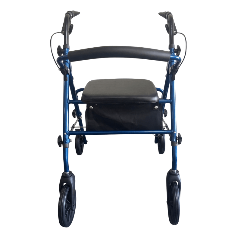 Déambulateur Ibis bleu vu directement de face, avec poignées ergonomiques, siège et dossier rembourrés