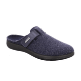 Chausson Rohde bleu foncé en feutre pour femme, vue avant-latérale, avec velcro et semelle noire