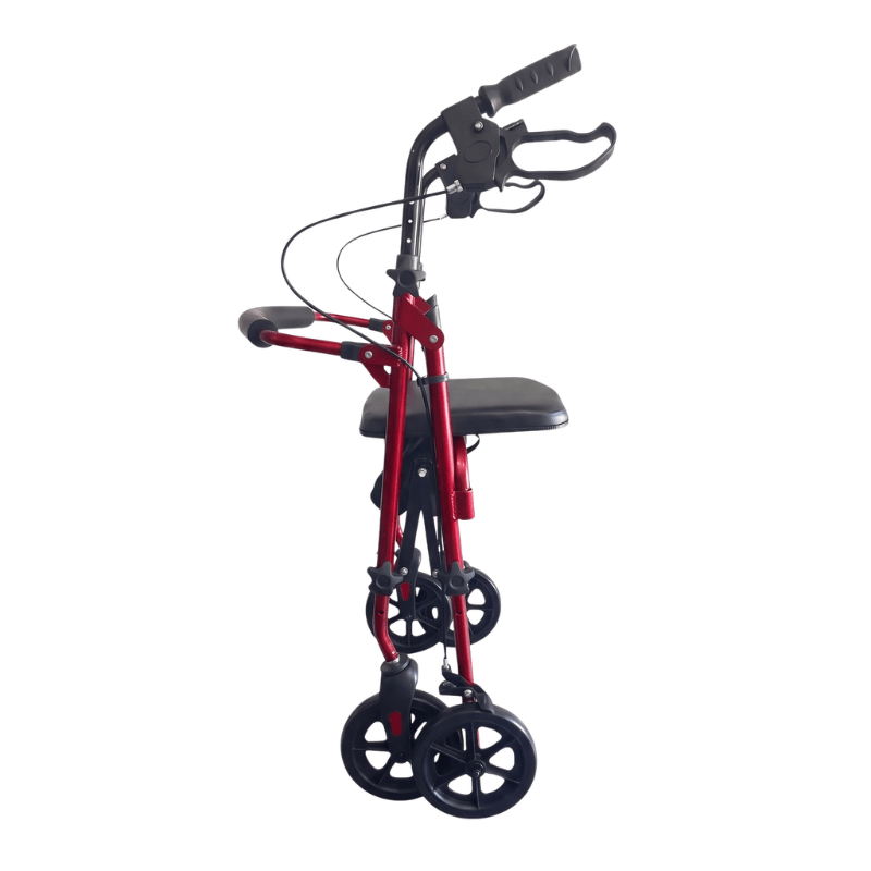 Déambulateur Ibis rouge plié vu de côté, montrant son design compact