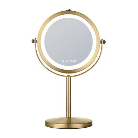 Rond gouden make-upspiegel met LED-licht, vooraanzicht met Gillian Jones logo