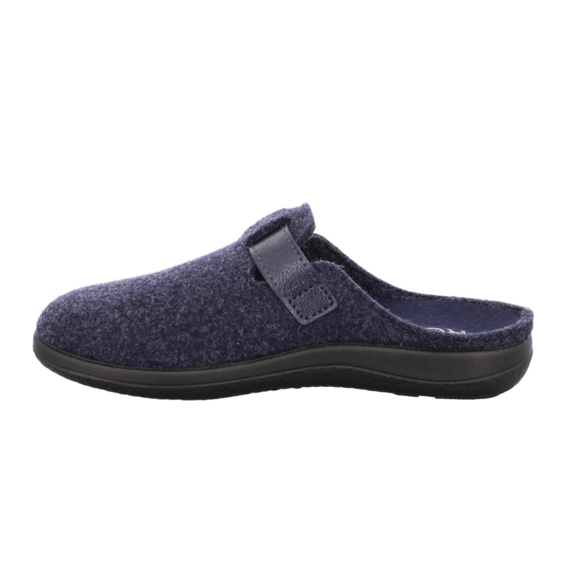 Chausson Rohde bleu foncé en feutre pour femme, vue latérale, avec talon ouvert et velcro