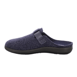 Chausson Rohde bleu foncé en feutre pour femme, vue latérale, avec talon ouvert et velcro