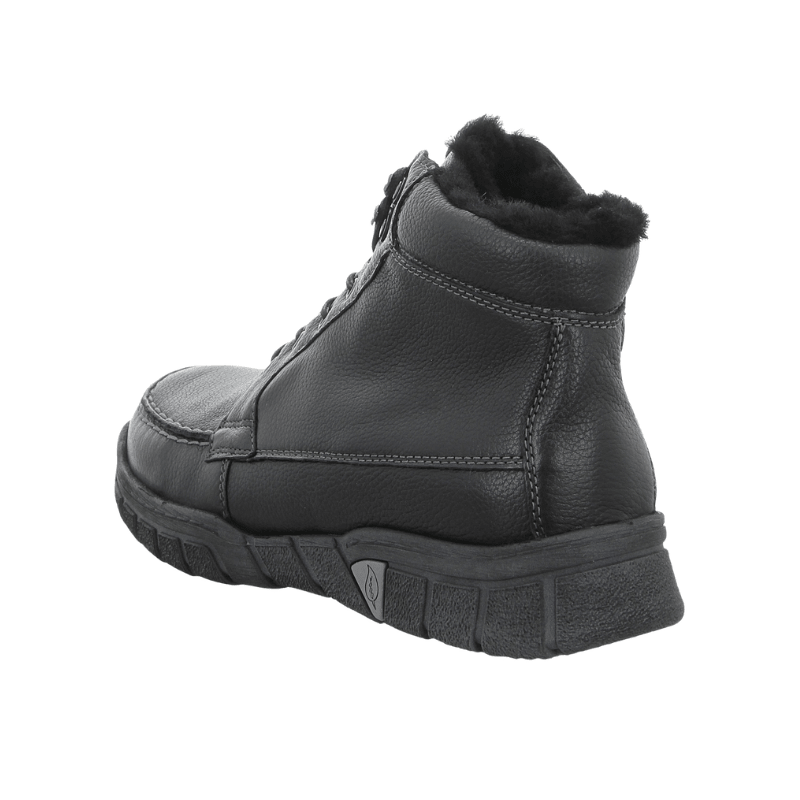 Botte homme Waldläufer noire avec doublure chaude et semelle robuste, vue arrière en angle avec détails du talon