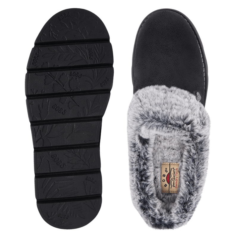 Chausson Skechers noir pour femme vu de dessus avec semelle intérieure et une semelle à motif vue de dessous