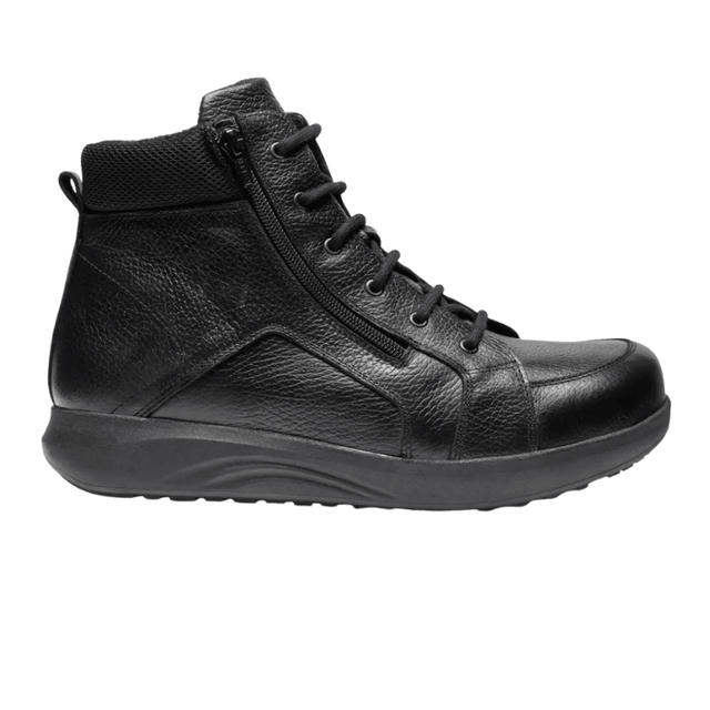 Zwarte New Feet herenboot van glad kalfsleer, zijaanzicht, met veters en ritssluiting