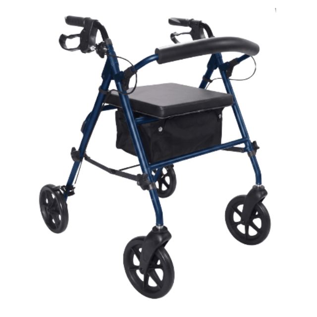 Blauwe Ibis rollator schuin van voren, met gestoffeerde zitting, rugleuning en praktische textielmand