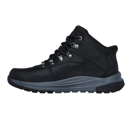 Bottine noire Skechers pour homme, vue de côté droit, avec semelle grise robuste et lacets