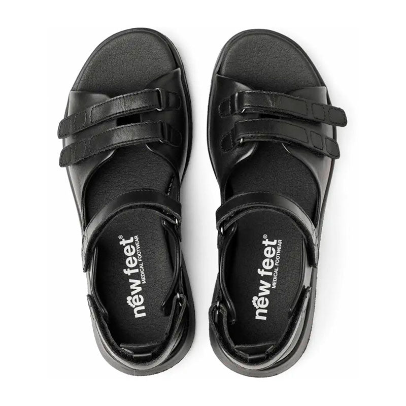 Damensandale, schwarzes Leder, New Feet