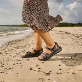 Damensandale, schwarzes Leder, New Feet
