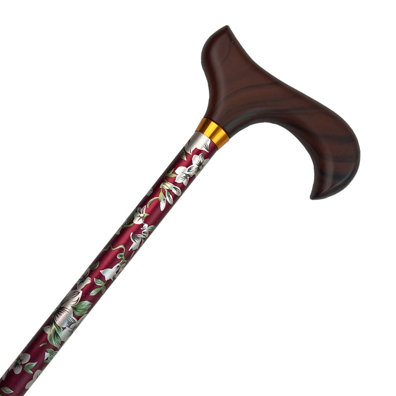 Wandelstok met verstelbare hoogte, rood met bloemen