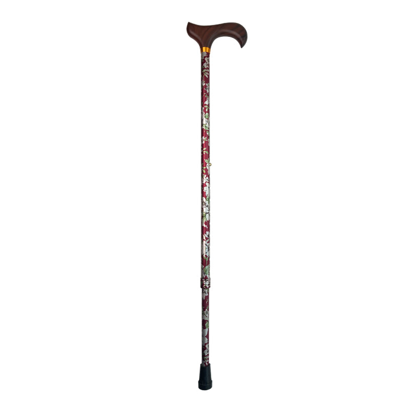 Wandelstok met verstelbare hoogte, rood met bloemen